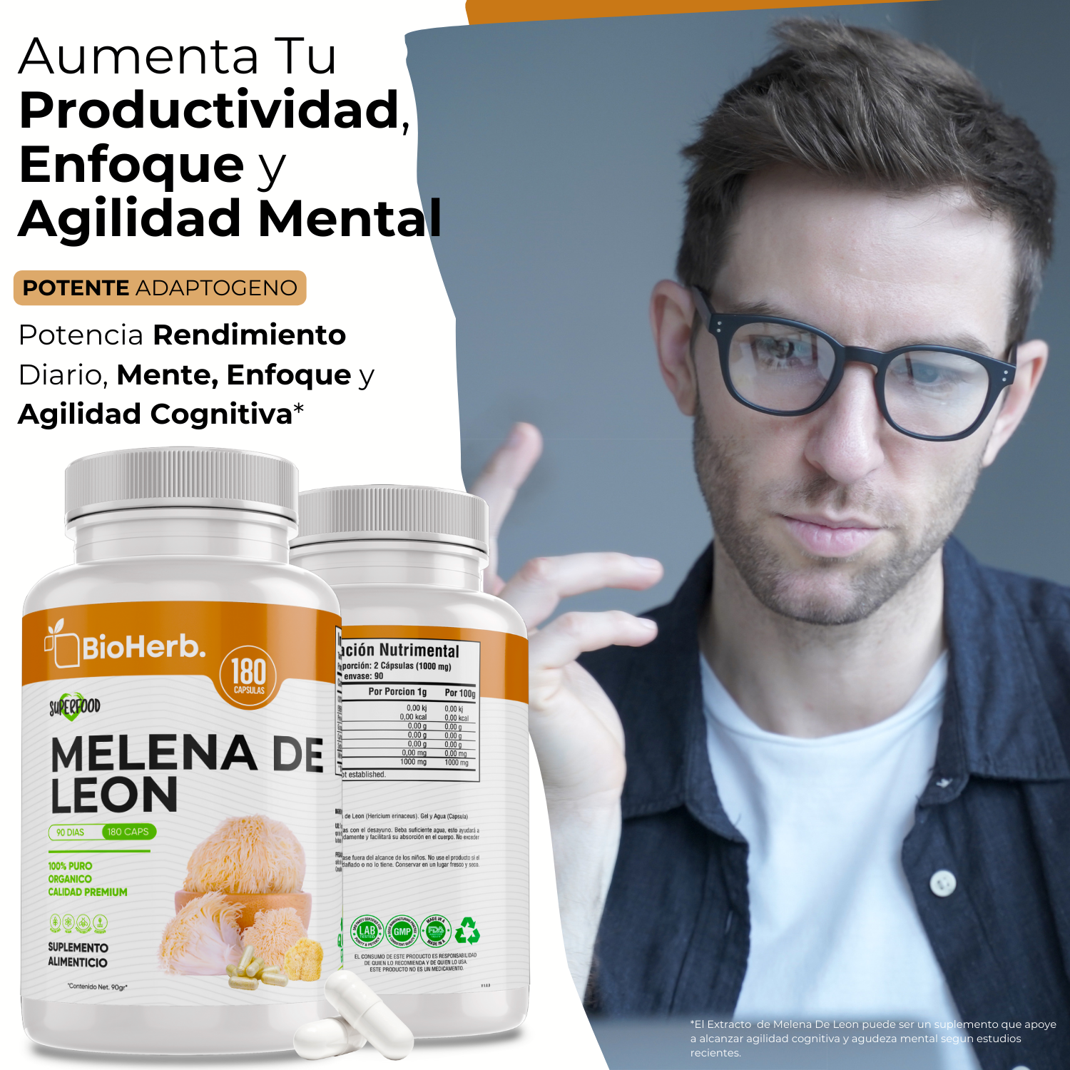 Melena de Leon (180 Capsulas Para 90 Dias) - [Extremadamente Eficaz] -|Potente Nootropico | Mente y Enfoque | Potencia Funciones Cognitivas | 100% Pura | Caps 500mg CU | - Lions Mane Extract - BioHerb..