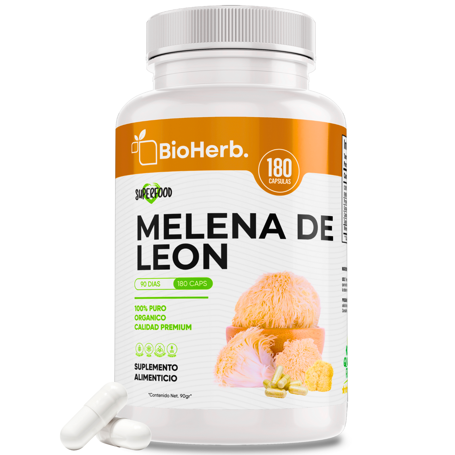 Melena de Leon (180 Capsulas Para 90 Dias) - [Extremadamente Eficaz] -|Potente Nootropico | Mente y Enfoque | Potencia Funciones Cognitivas | 100% Pura | Caps 500mg CU | - Lions Mane Extract - BioHerb..