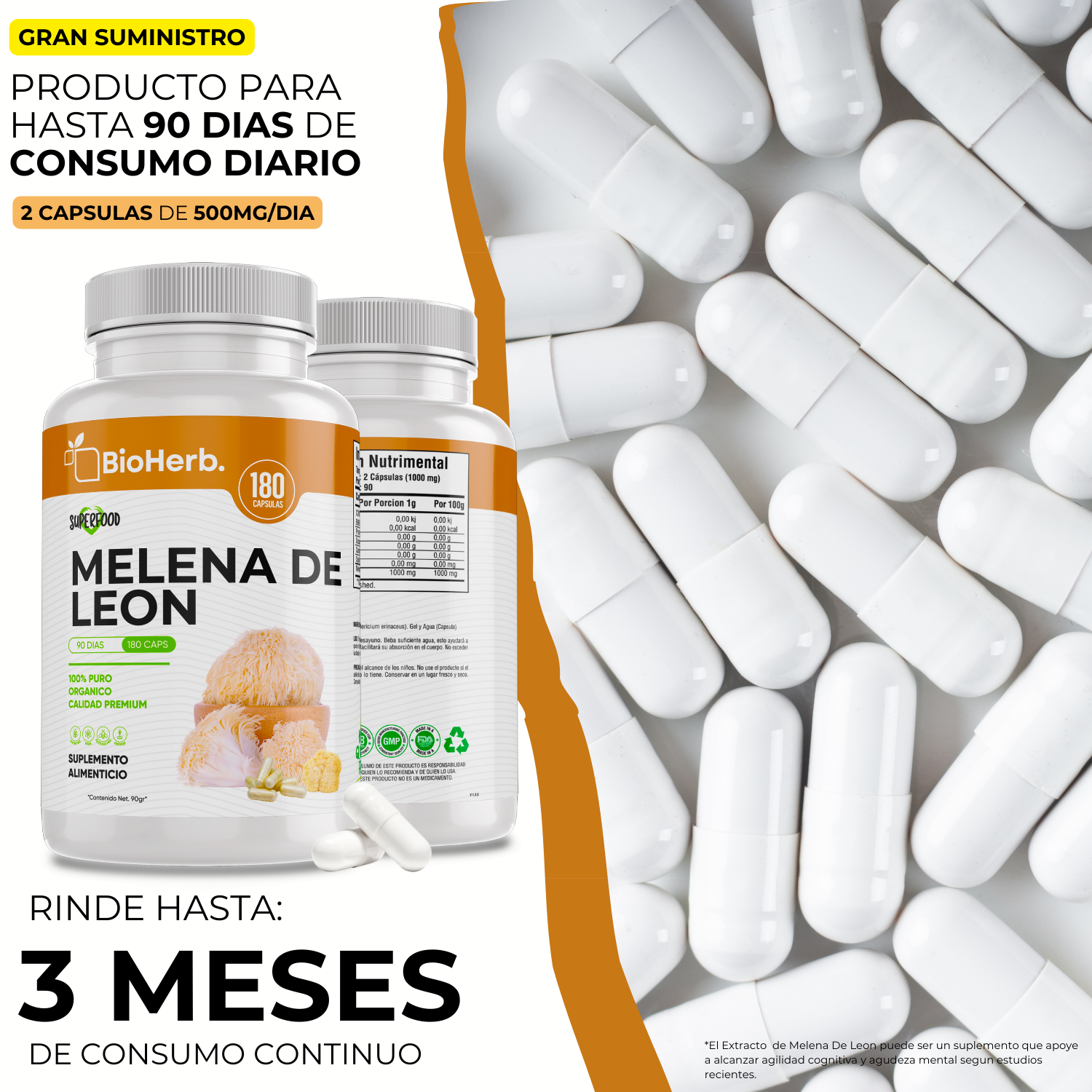 Melena de Leon (180 Capsulas Para 90 Dias) - [Extremadamente Eficaz] -|Potente Nootropico | Mente y Enfoque | Potencia Funciones Cognitivas | 100% Pura | Caps 500mg CU | - Lions Mane Extract - BioHerb..