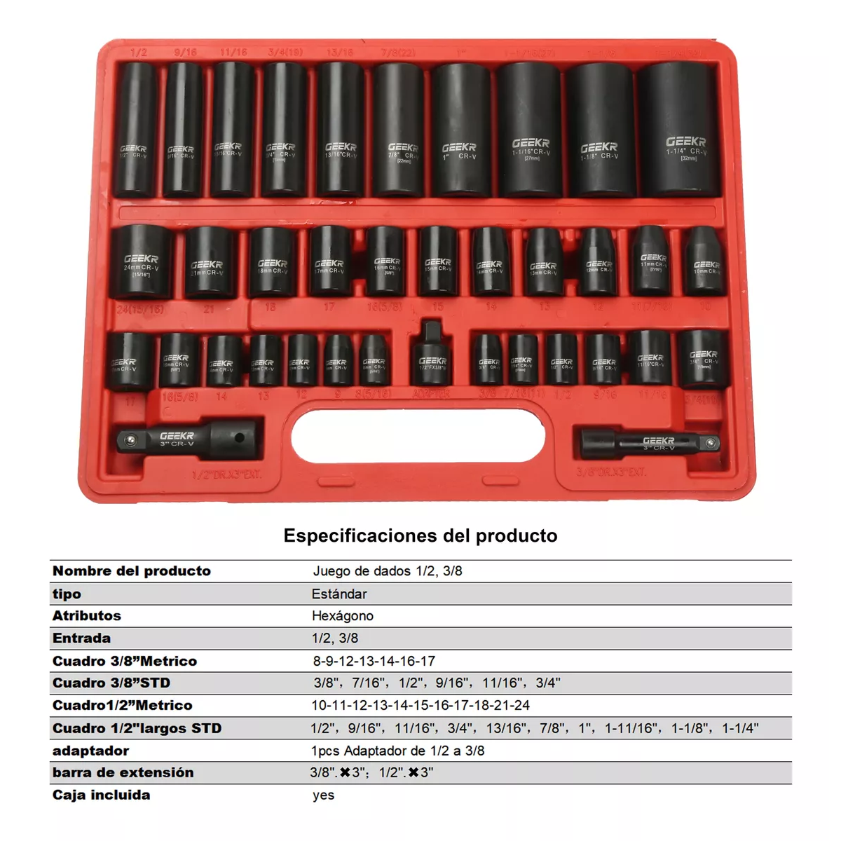 Juego De Dados Alto Impacto Industriales Std 1/2',3/8' 38Pzas.