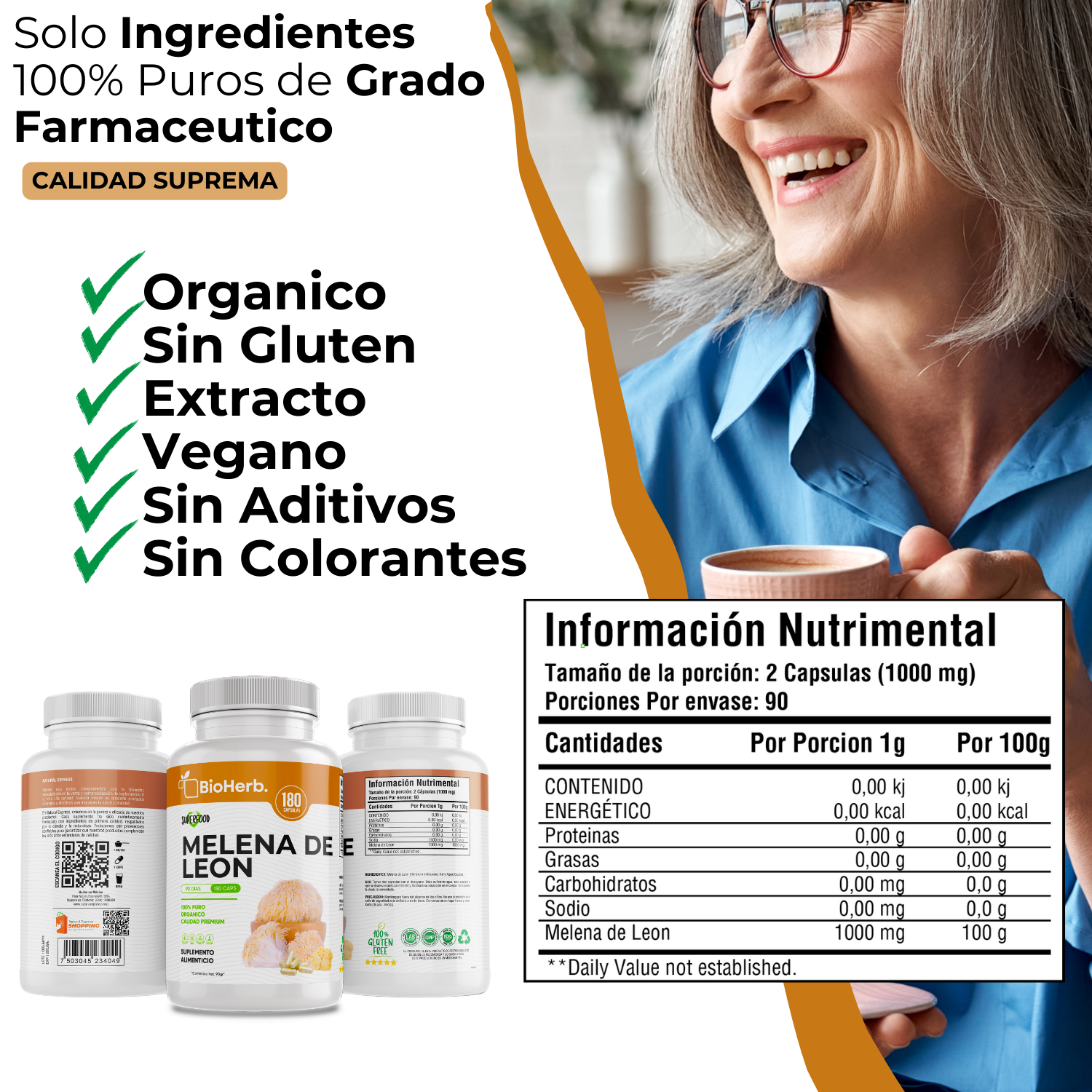 Melena de Leon (180 Capsulas Para 90 Dias) - [Extremadamente Eficaz] -|Potente Nootropico | Mente y Enfoque | Potencia Funciones Cognitivas | 100% Pura | Caps 500mg CU | - Lions Mane Extract - BioHerb..