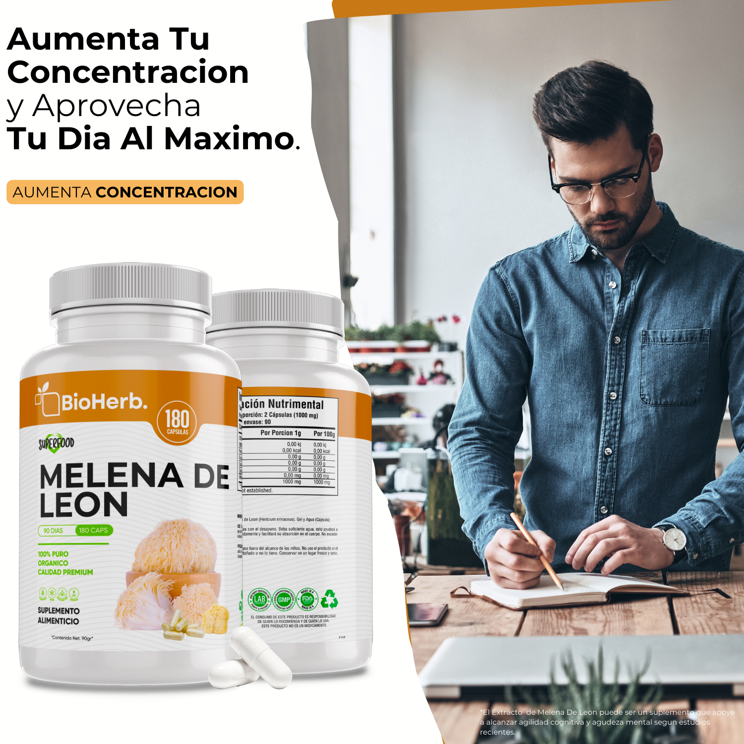 Melena de Leon (180 Capsulas Para 90 Dias) - [Extremadamente Eficaz] -|Potente Nootropico | Mente y Enfoque | Potencia Funciones Cognitivas | 100% Pura | Caps 500mg CU | - Lions Mane Extract - BioHerb..