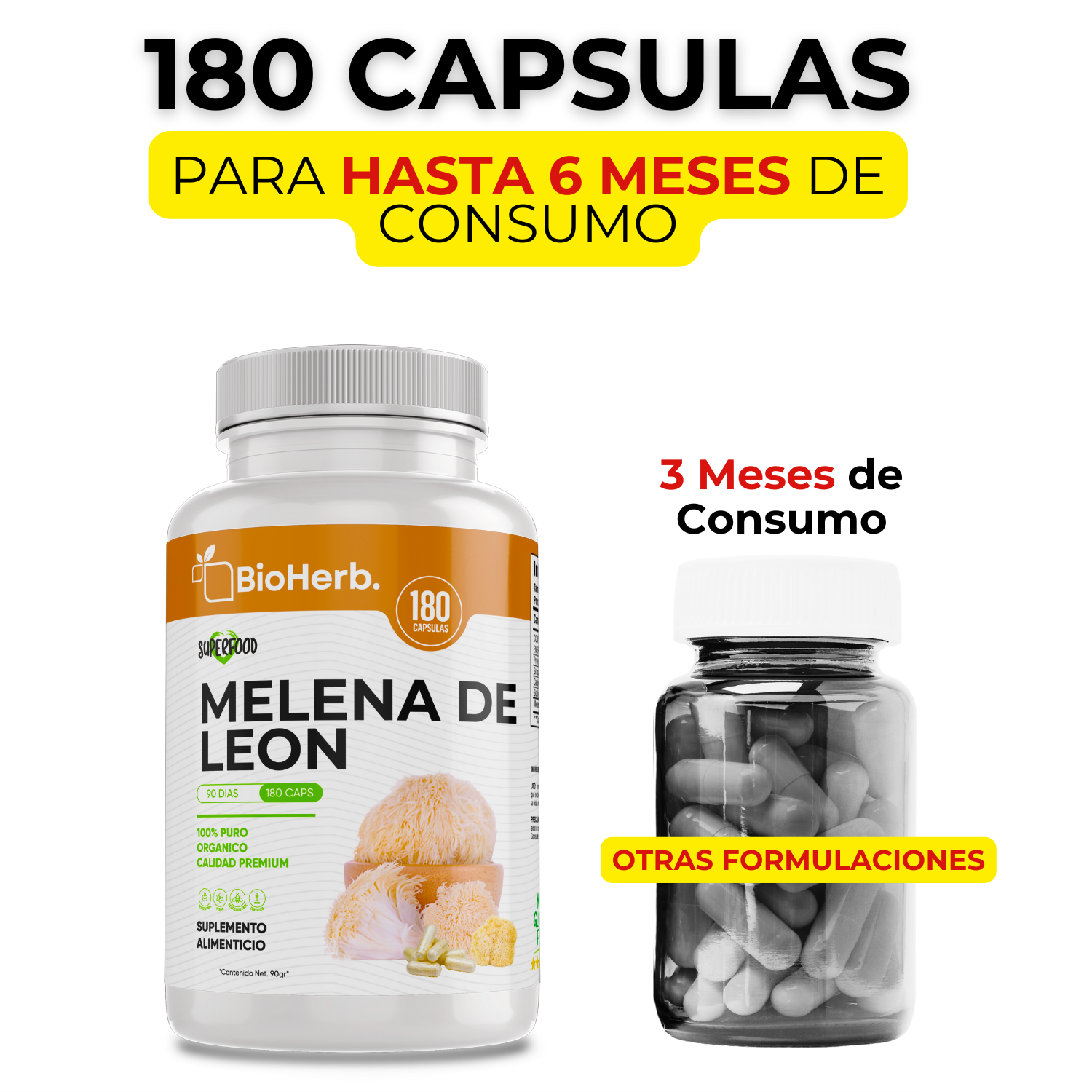 Melena de Leon (180 Capsulas Para 90 Dias) - [Extremadamente Eficaz] -|Potente Nootropico | Mente y Enfoque | Potencia Funciones Cognitivas | 100% Pura | Caps 500mg CU | - Lions Mane Extract - BioHerb..