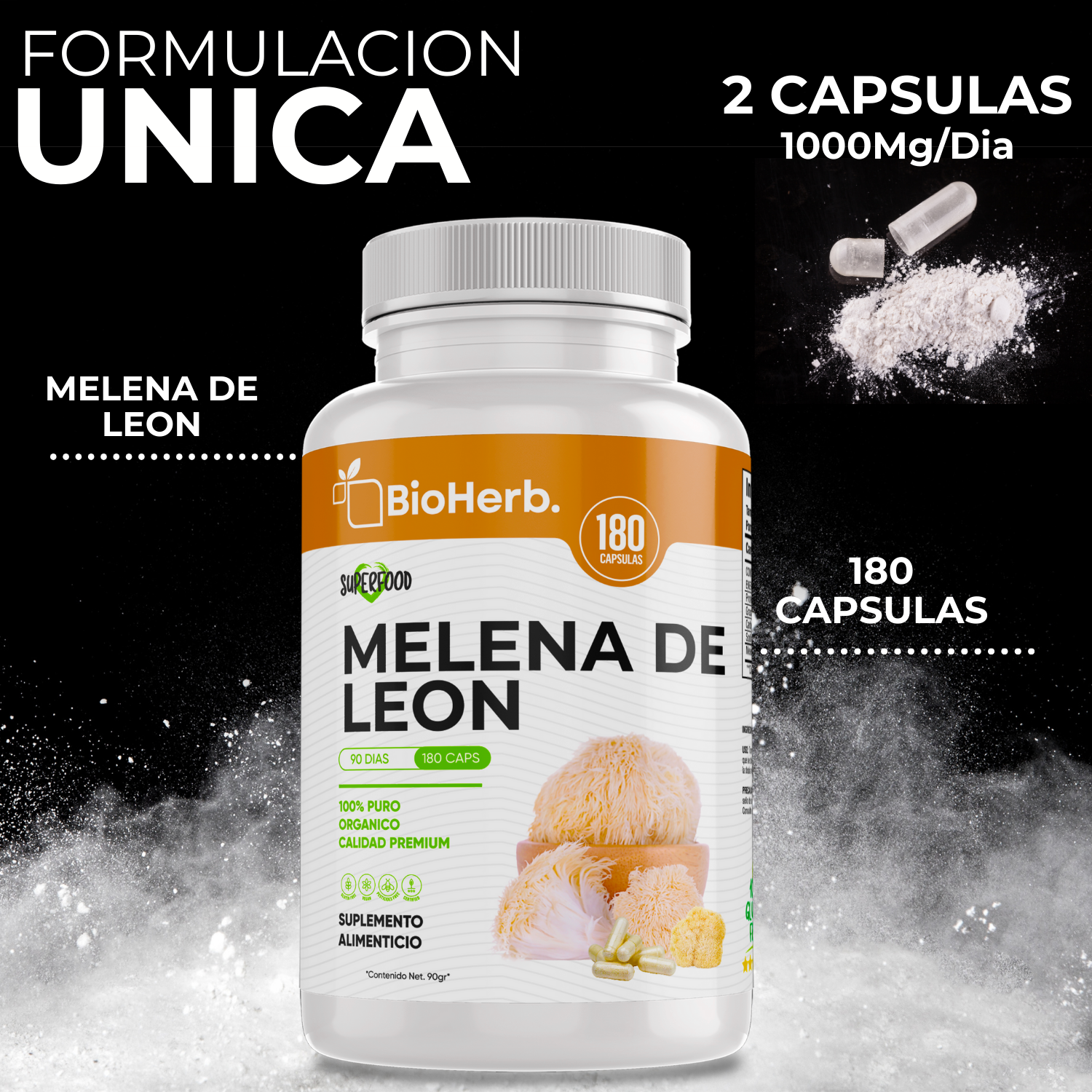 Melena de Leon (180 Capsulas Para 90 Dias) - [Extremadamente Eficaz] -|Potente Nootropico | Mente y Enfoque | Potencia Funciones Cognitivas | 100% Pura | Caps 500mg CU | - Lions Mane Extract - BioHerb..