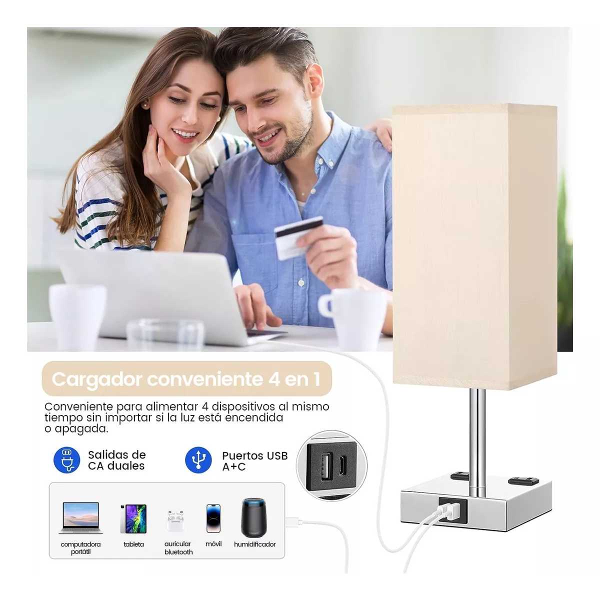 Lámpara De Noche Buró Touch De Mesa Con Bulbo Led Usb A Y C.