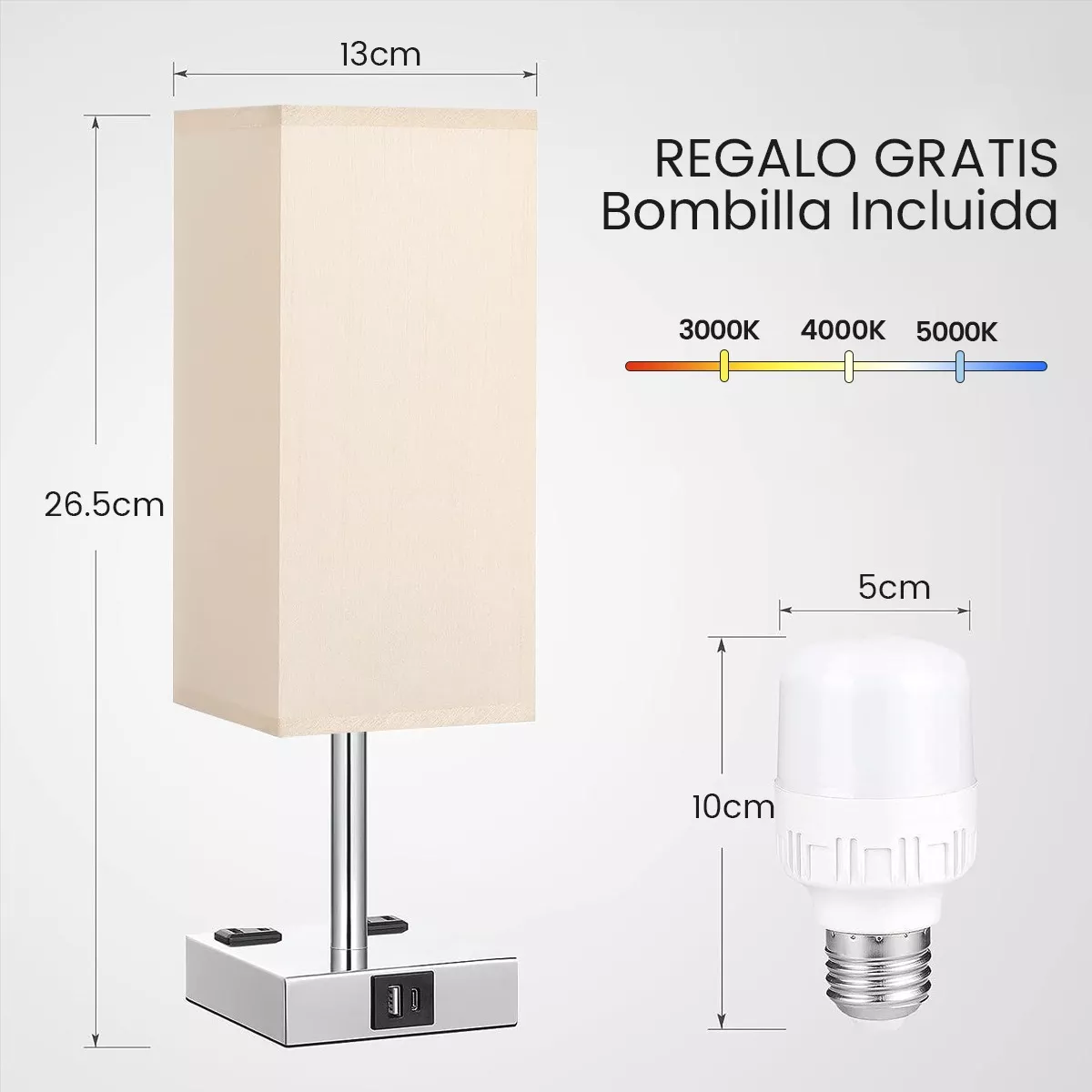 Lámpara De Noche Buró Touch De Mesa Con Bulbo Led Usb A Y C.