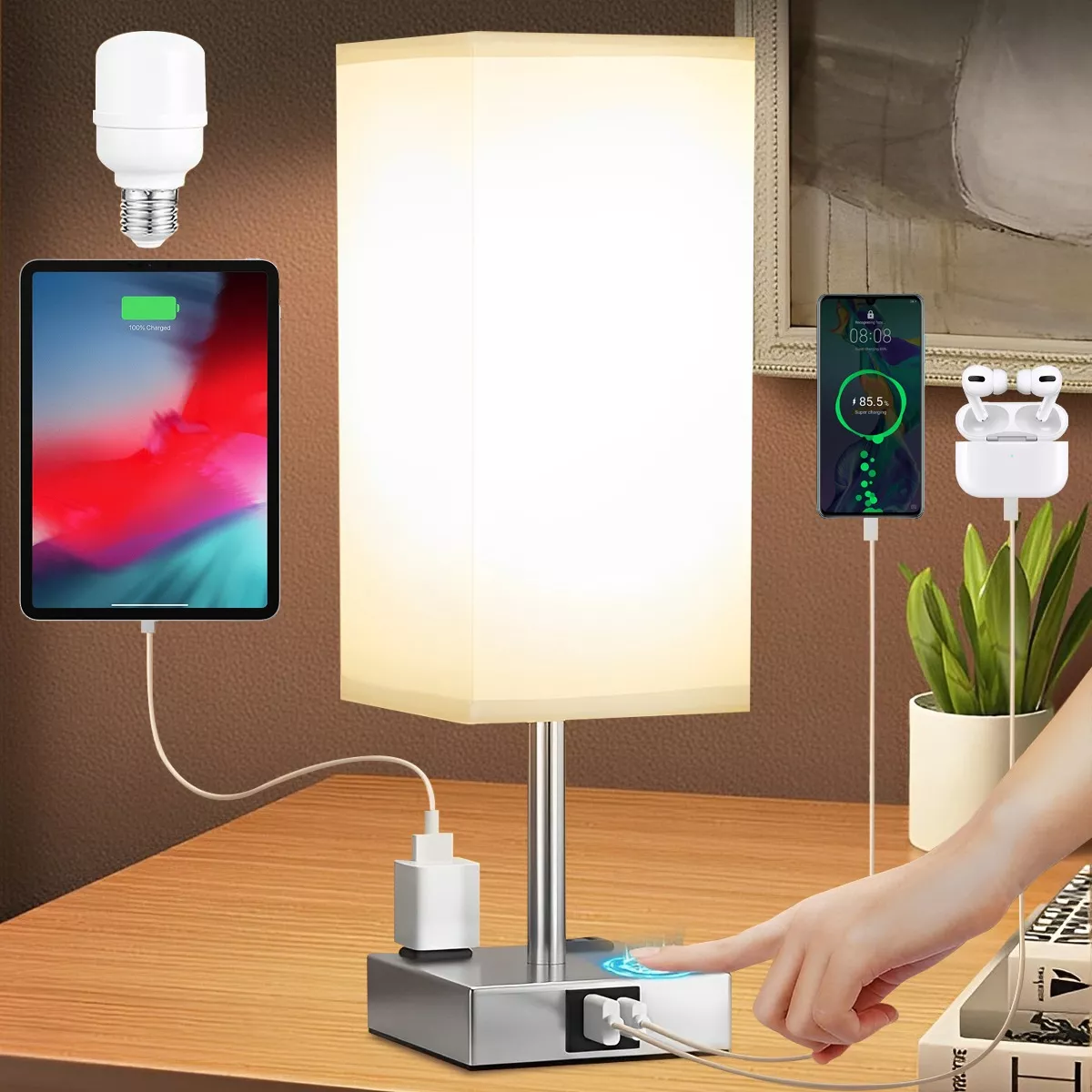 Lámpara De Noche Buró Touch De Mesa Con Bulbo Led Usb A Y C.