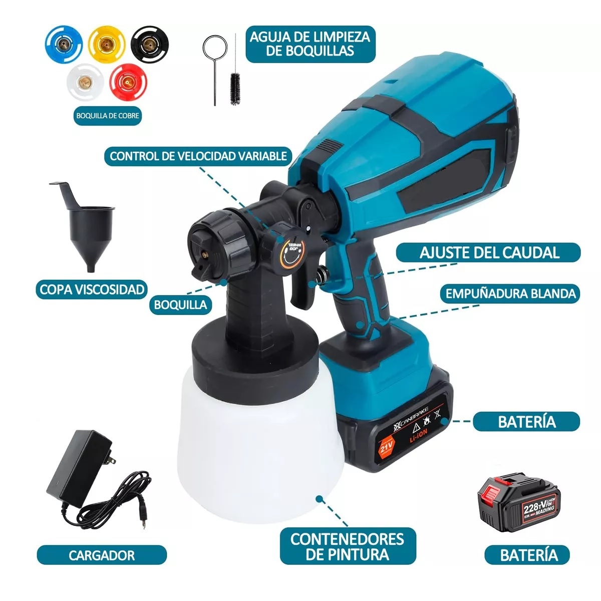 Pistola Para Pintar Casas Pintura Inalámbrico 1000ml 2 Pilas Azul.