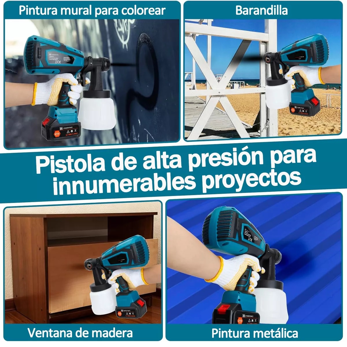 Pistola Para Pintar Casas Pintura Inalámbrico 1000ml 2 Pilas Azul.