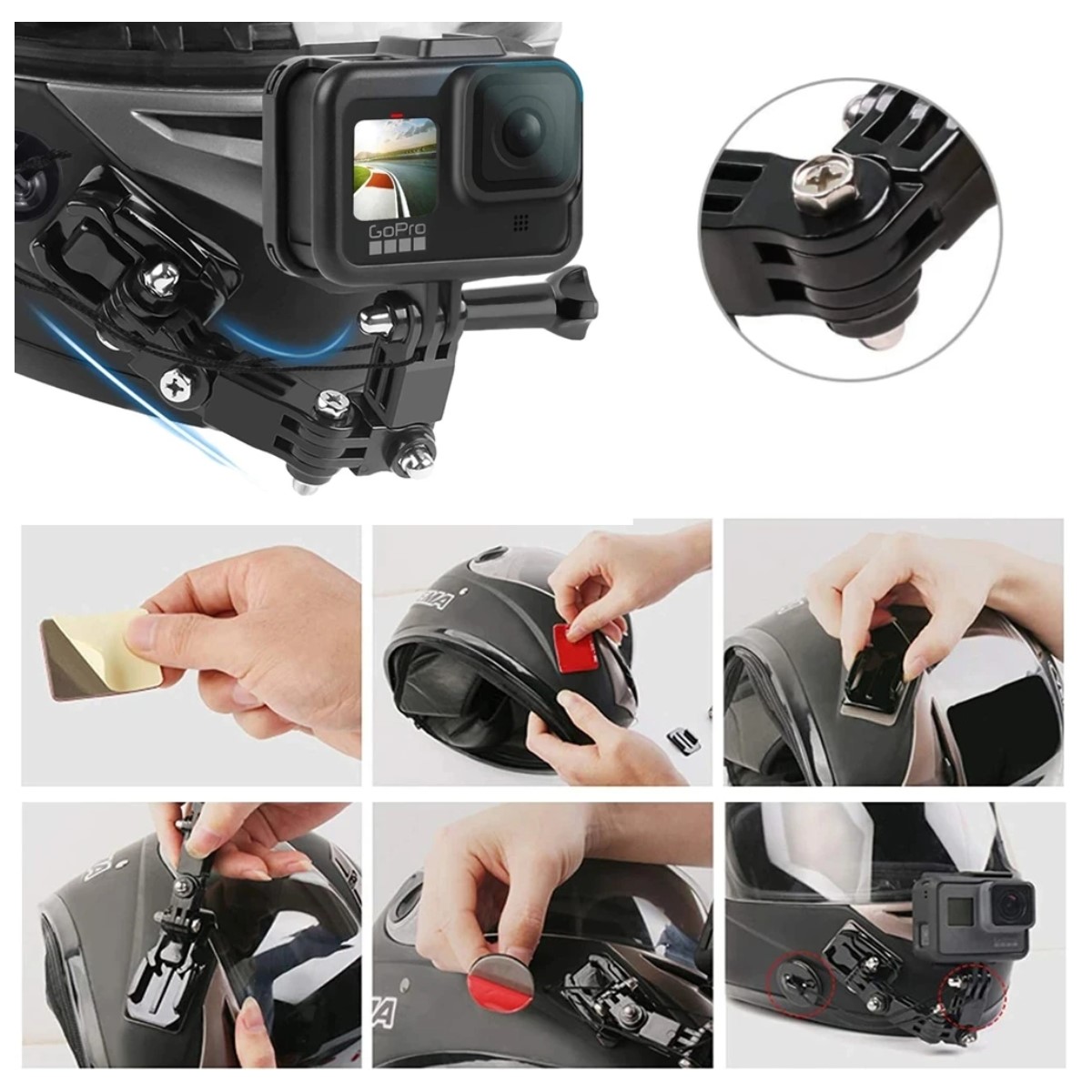 Soporte Accesorio Brazo Montaje Deportiva Casco Carro Camara Moto Pegatina 3M GoPro Negro Foto Video