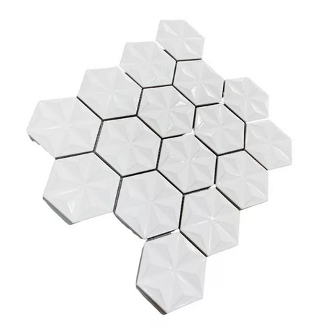 Malla o Mosaico Decorativo Porcelánico He-Bco medidas 26x30 (base por altura) Diseño en tono blanco. Caja de 5 piezas..