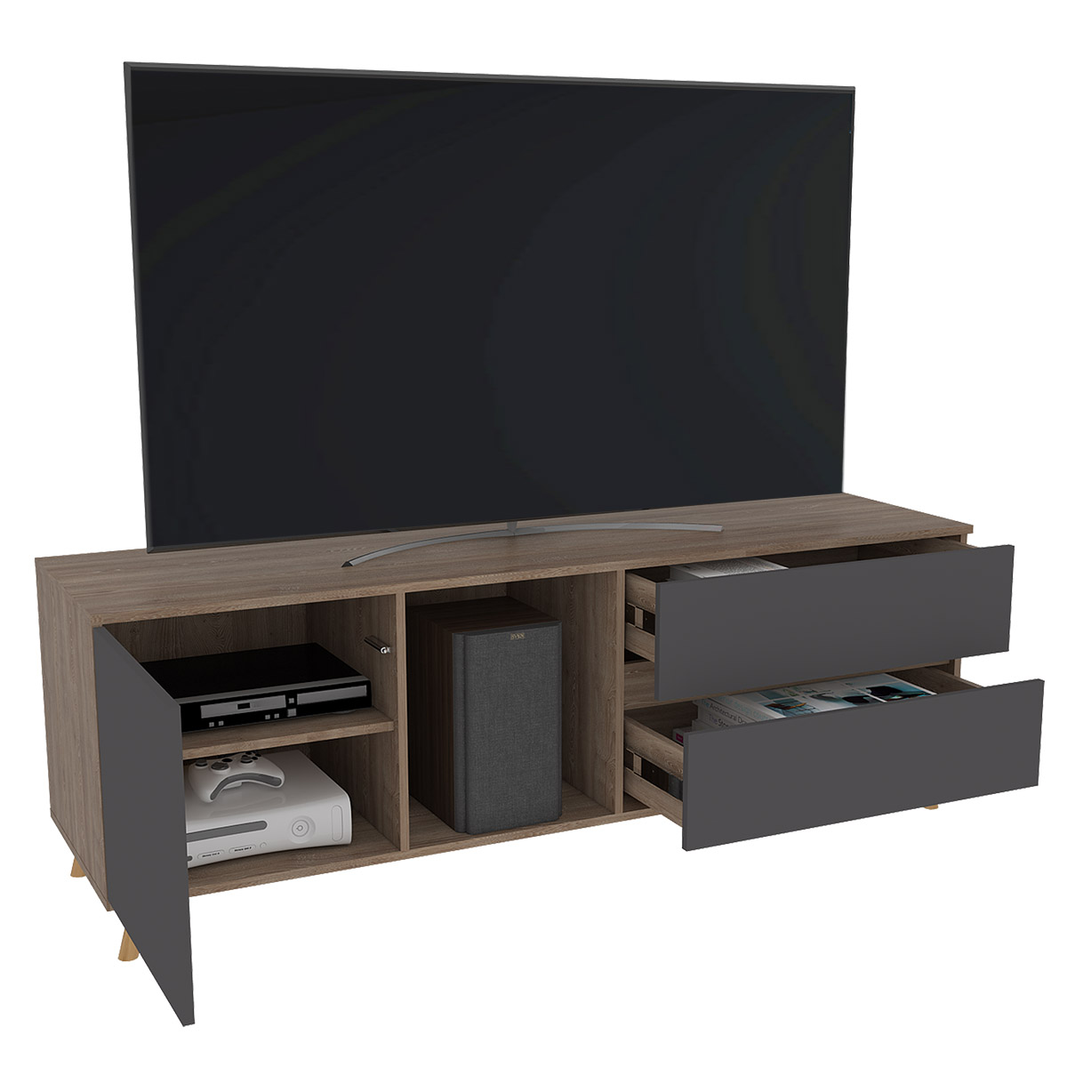 MUEBLE PARA TV ARMABLE TIPO RACK IDEAL PARA PANTALLA DE 65" CON TRES ENTREPAÑOS Y DOS CAJONES MODELO SALEM.