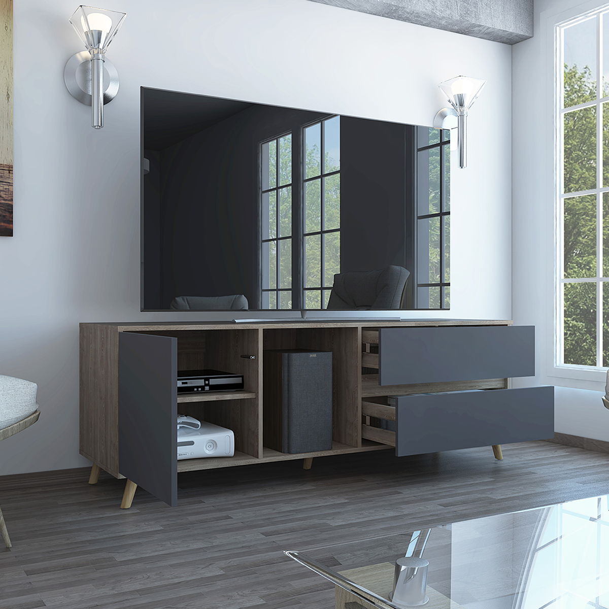 MUEBLE PARA TV ARMABLE TIPO RACK IDEAL PARA PANTALLA DE 65" CON TRES ENTREPAÑOS Y DOS CAJONES MODELO SALEM.