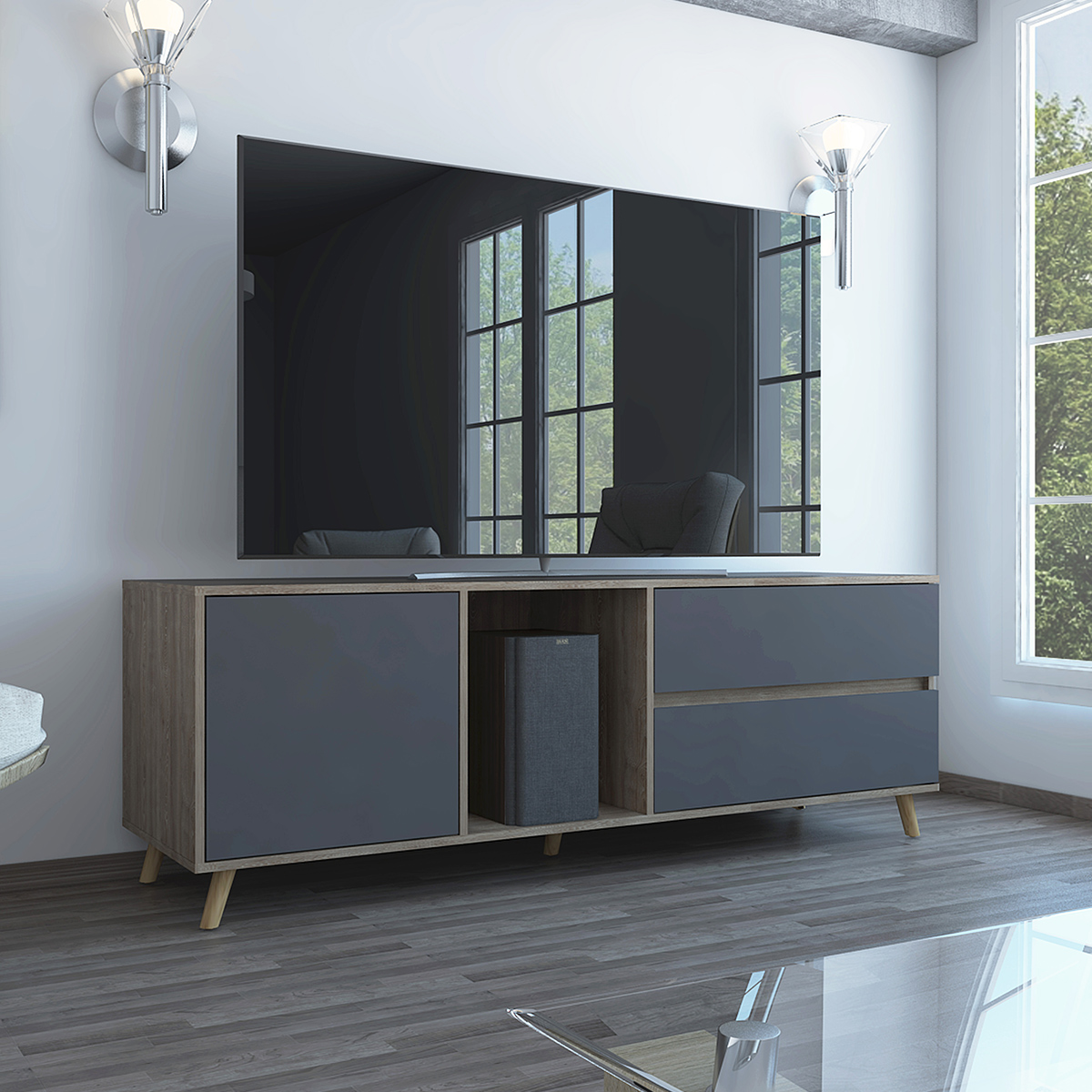 MUEBLE PARA TV ARMABLE TIPO RACK IDEAL PARA PANTALLA DE 65" CON TRES ENTREPAÑOS Y DOS CAJONES MODELO SALEM.