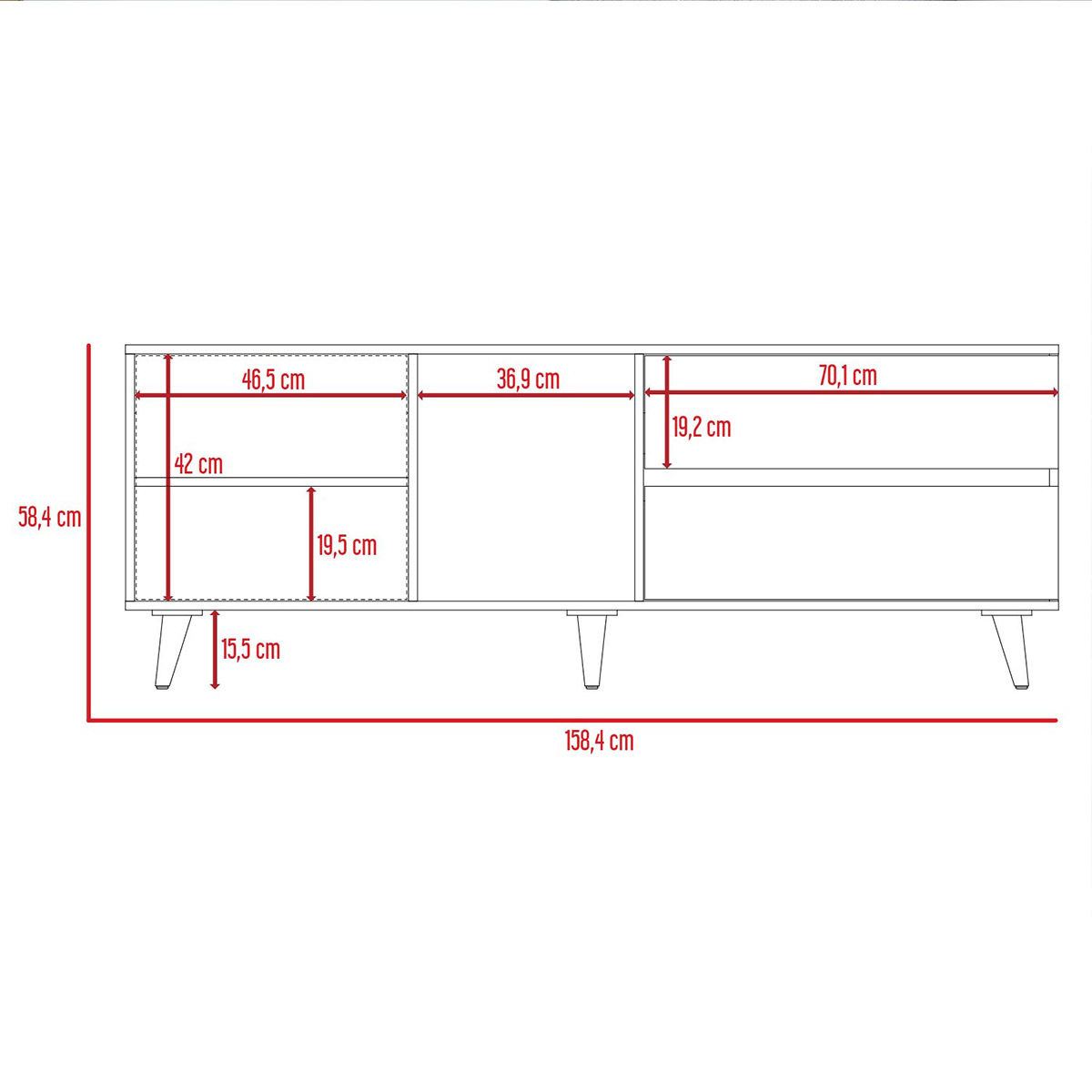 MUEBLE PARA TV ARMABLE TIPO RACK IDEAL PARA PANTALLA DE 65" CON TRES ENTREPAÑOS Y DOS CAJONES MODELO SALEM.