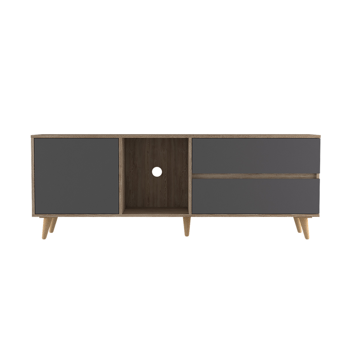 MUEBLE PARA TV ARMABLE TIPO RACK IDEAL PARA PANTALLA DE 65" CON TRES ENTREPAÑOS Y DOS CAJONES MODELO SALEM.