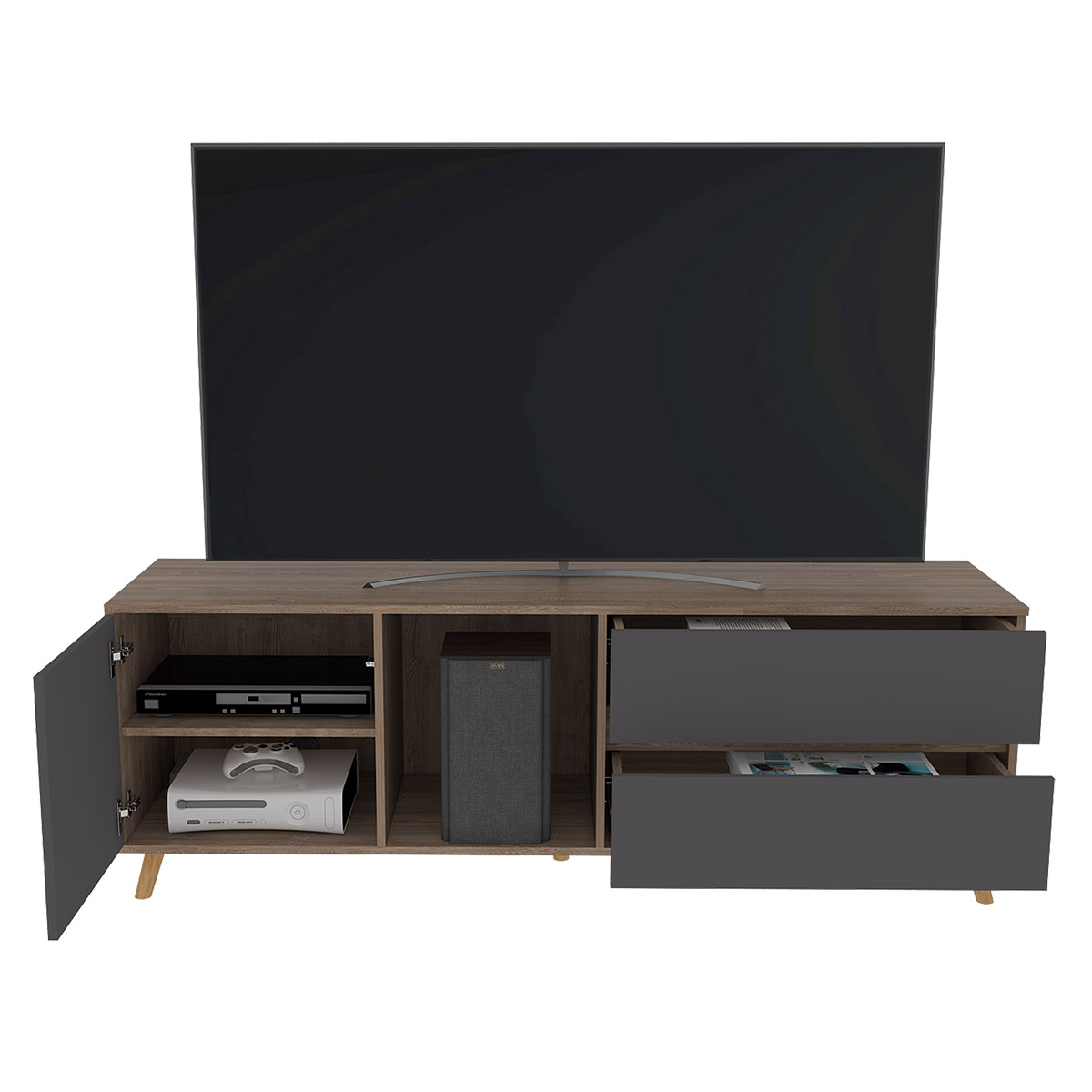 MUEBLE PARA TV ARMABLE TIPO RACK IDEAL PARA PANTALLA DE 65" CON TRES ENTREPAÑOS Y DOS CAJONES MODELO SALEM.