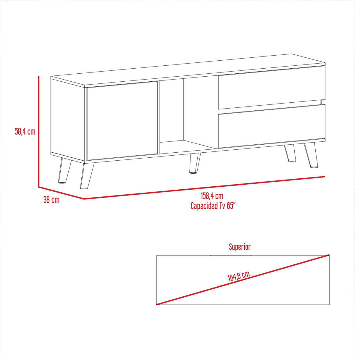 MUEBLE PARA TV ARMABLE TIPO RACK IDEAL PARA PANTALLA DE 65" CON TRES ENTREPAÑOS Y DOS CAJONES MODELO SALEM.