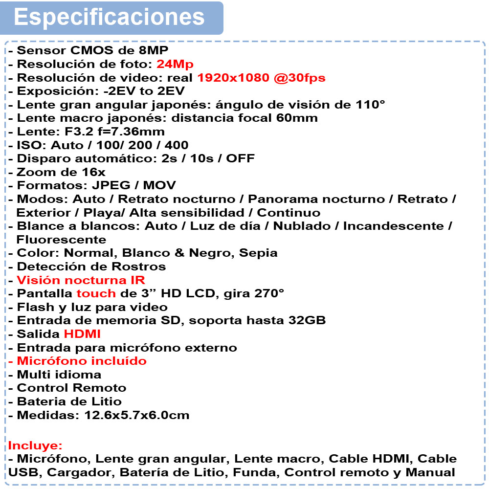 Videocamara Vak 809 Fhd Microfono Nocturna 24mp Touch Hdmi Lente Gran Angular Negro.