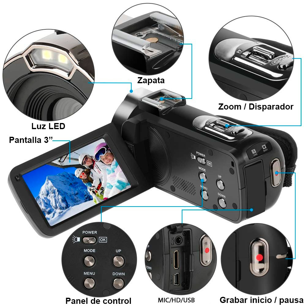 Videocamara Vak 809 Fhd Microfono Nocturna 24mp Touch Hdmi Lente Gran Angular Negro.