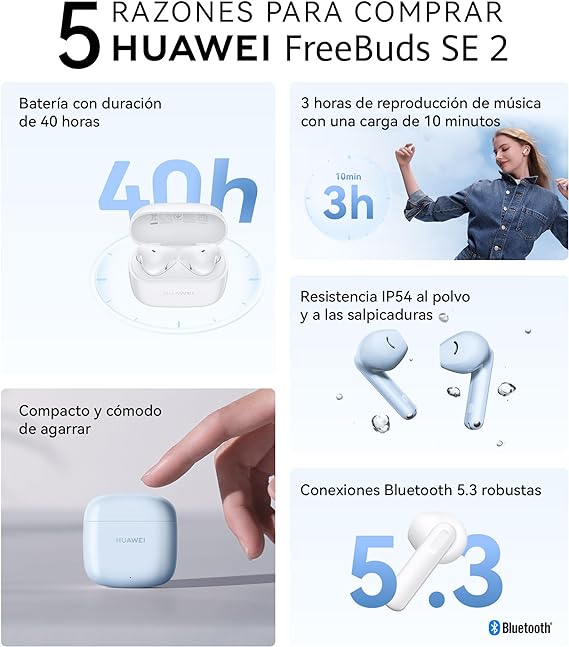 HUAWEI FreeBuds SE 2 (Garantía en México)- Auriculares 40 Horas de Batería, Protección IP54 contra el Polvo y Las Salpicaduras, Bluetooth 5.3, iOS y Android, Audifonos Inalambricos, Azul Glacial.