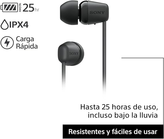 Sony WI-C100 - Audífonos inalámbricos intraauriculares con Banda para el Cuello y micrófono para Llamadas con Manos Libres, Negro, WIC100/B (Versión Nacional).