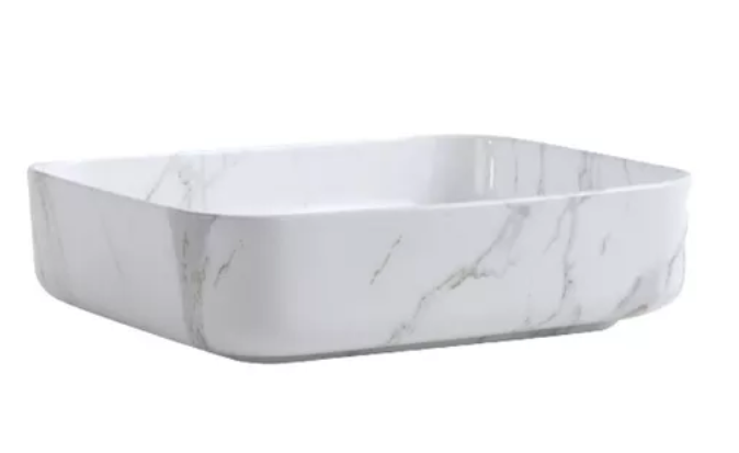 Lavabo Cerámico para Baño TIM, forma rectangular acabado blanco marmoleado. De sobreponer, con diseño europeo ideal para todo tipo de baños. Dimensiones 50.0 x 39.0 x 13.0 cms. (base x altura x profundidad)