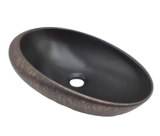 Lavabo Cerámico para Baño MI, acabado metalizado fondo negro con el exterior cobrizo con relieve. De sobreponer, con diseño europeo ideal para todo tipo de baños. Dimensiones 49.0 x 32.0 x 13.5 cms. (base x altura x profundidad)