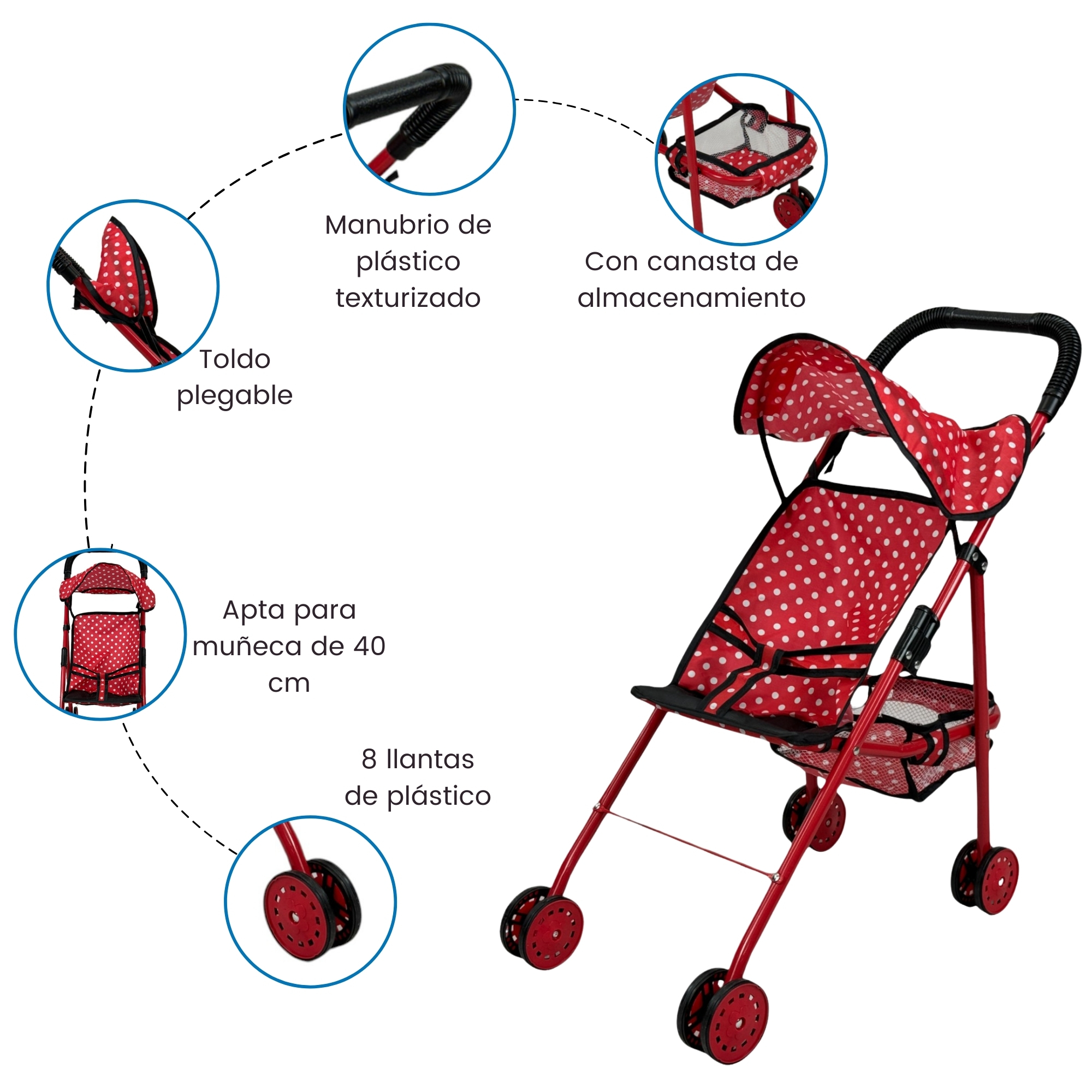 Carriola para Muñecas de Juguete para Niñas Sencilla con Toldo - Rojo.