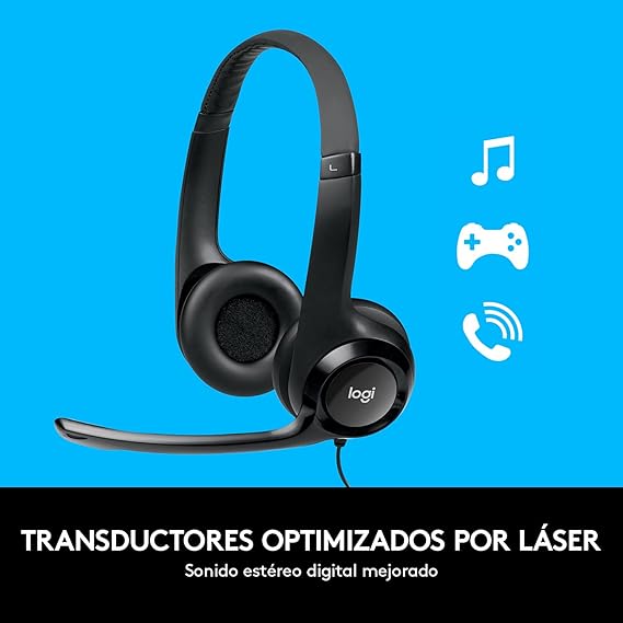 Logitech H390 Diadema con Cable, Sonido Estéreo y Micrófono USB con Supresión de Ruido, Controles Integrados en el Cable, PC/Mac/Laptop/Chromebook - Negr.