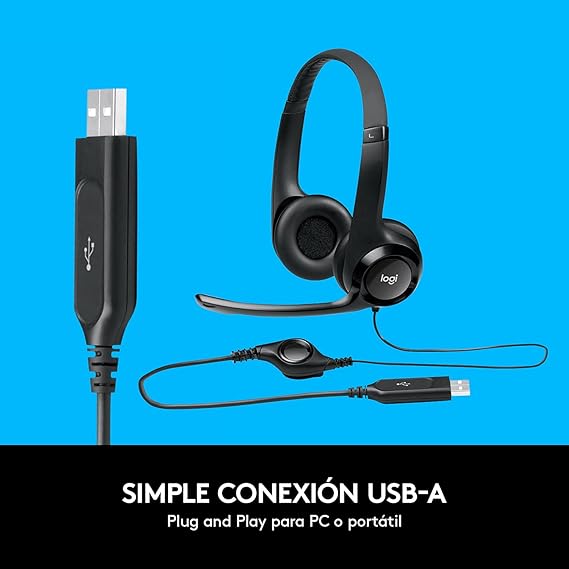 Logitech H390 Diadema con Cable, Sonido Estéreo y Micrófono USB con Supresión de Ruido, Controles Integrados en el Cable, PC/Mac/Laptop/Chromebook - Negr.