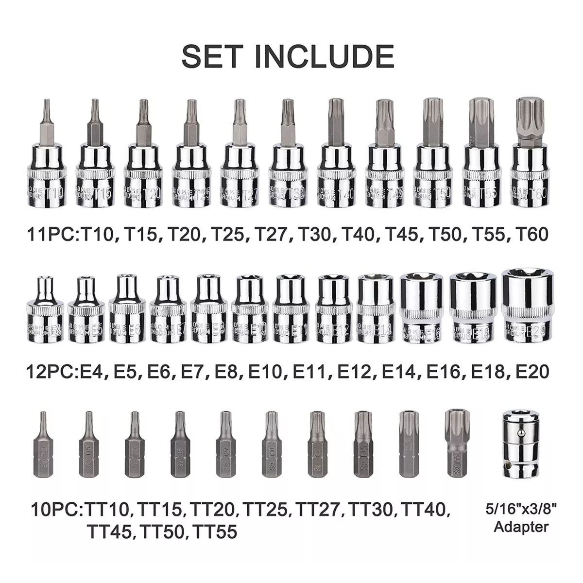 Juego De Dados Y Puntas 3/8 Torx, 34 Pz, Hembra Y Macho.
