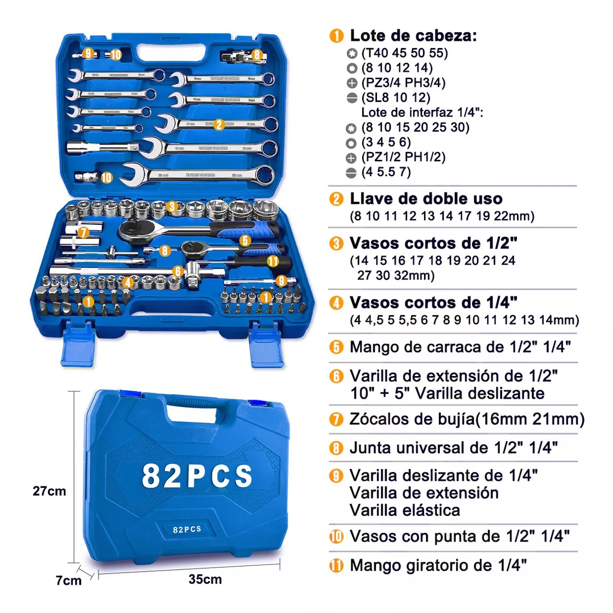 Juego De Herramientas Y Dados De Impacto, 82 Piezas Estuche Azul.
