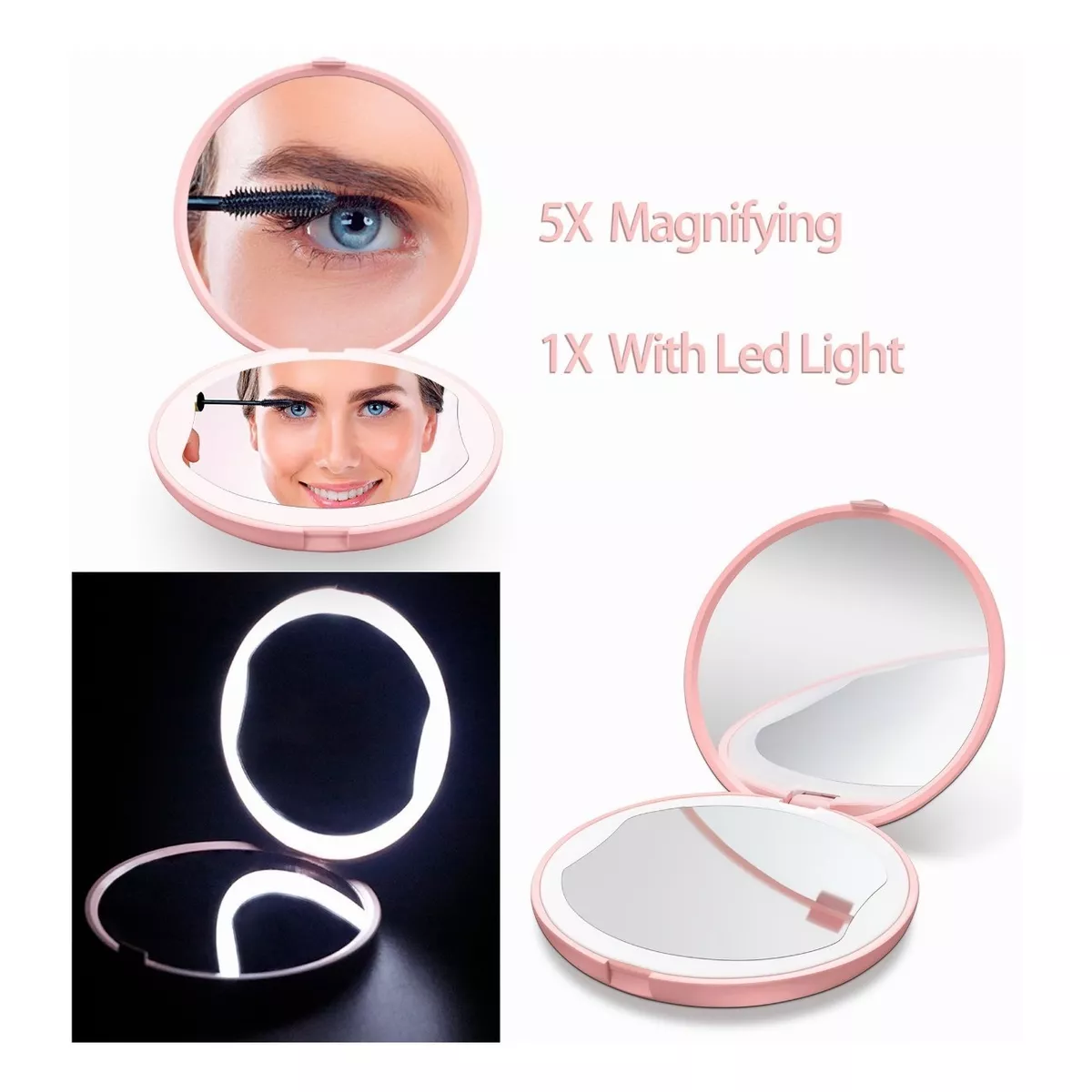 Espejo Para Maquillaje Luz Led Bolsillo Portatil 1x5 Aumento Rosa.