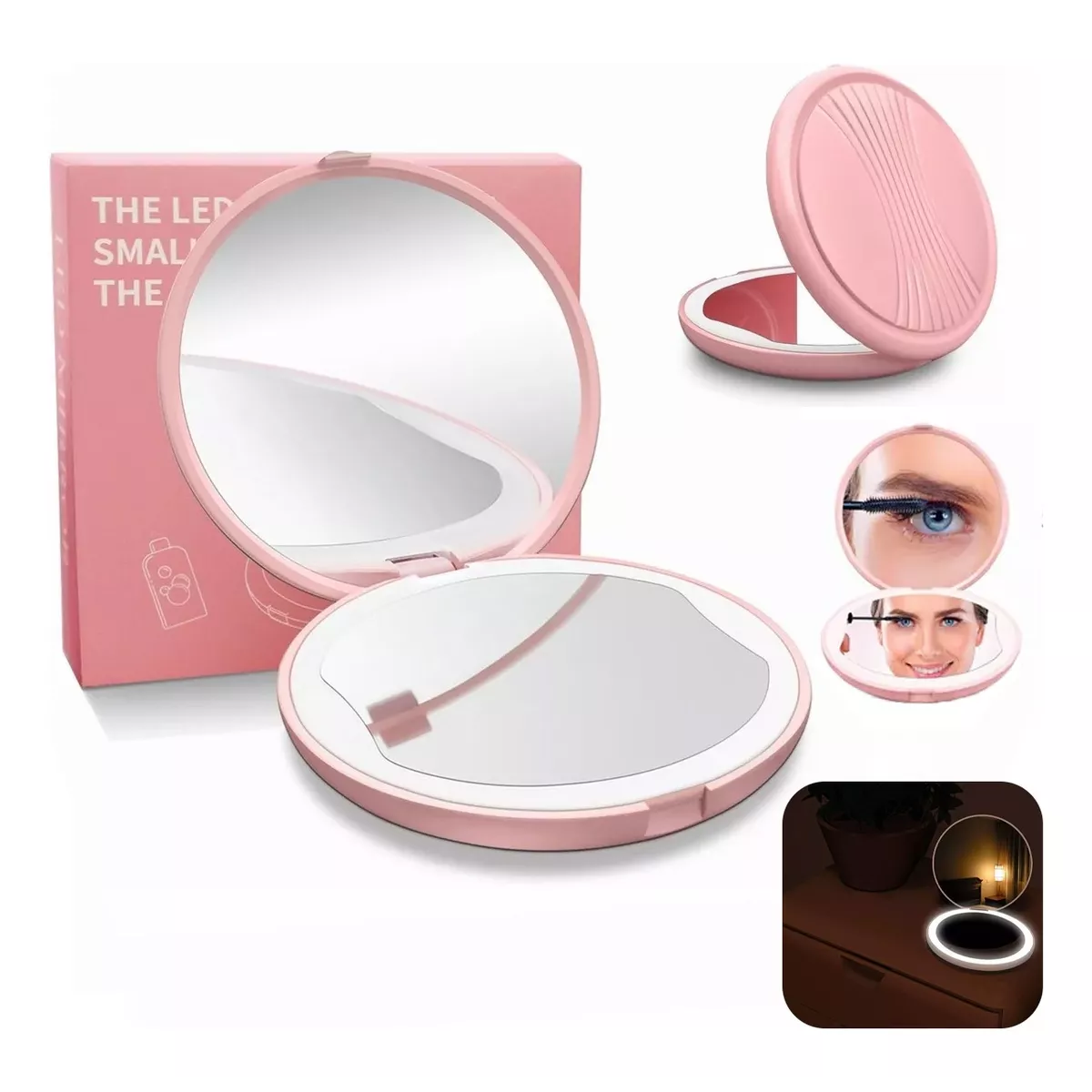 Espejo Para Maquillaje Luz Led Bolsillo Portatil 1x5 Aumento Rosa.