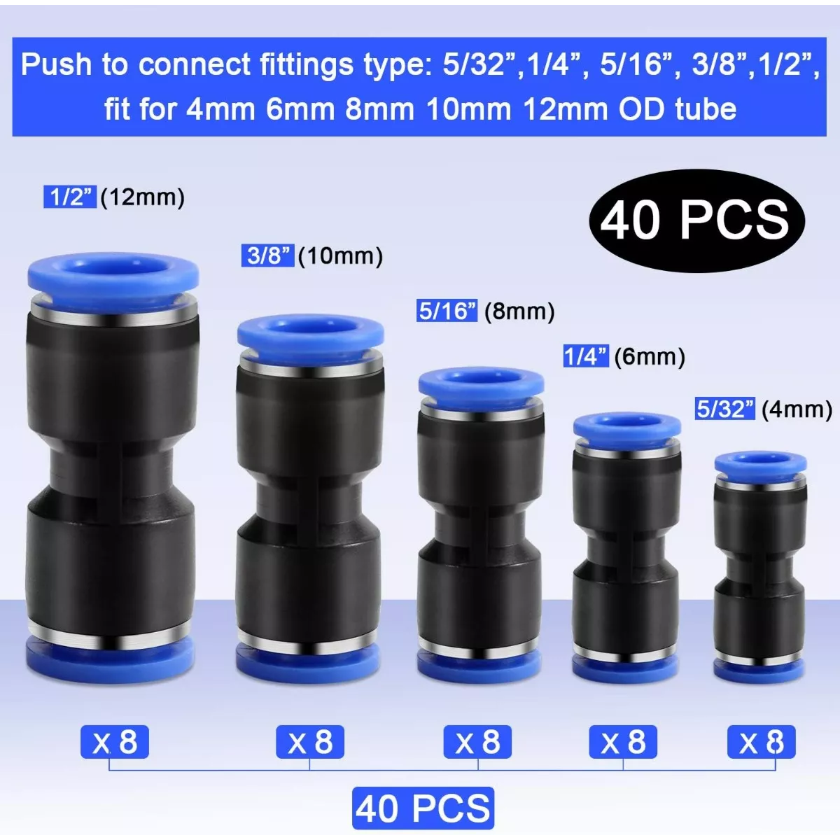 Kit 40 Conectores De Empuje Rectos, 1/2, 3/8, 5/16, 1/4, 5/32.