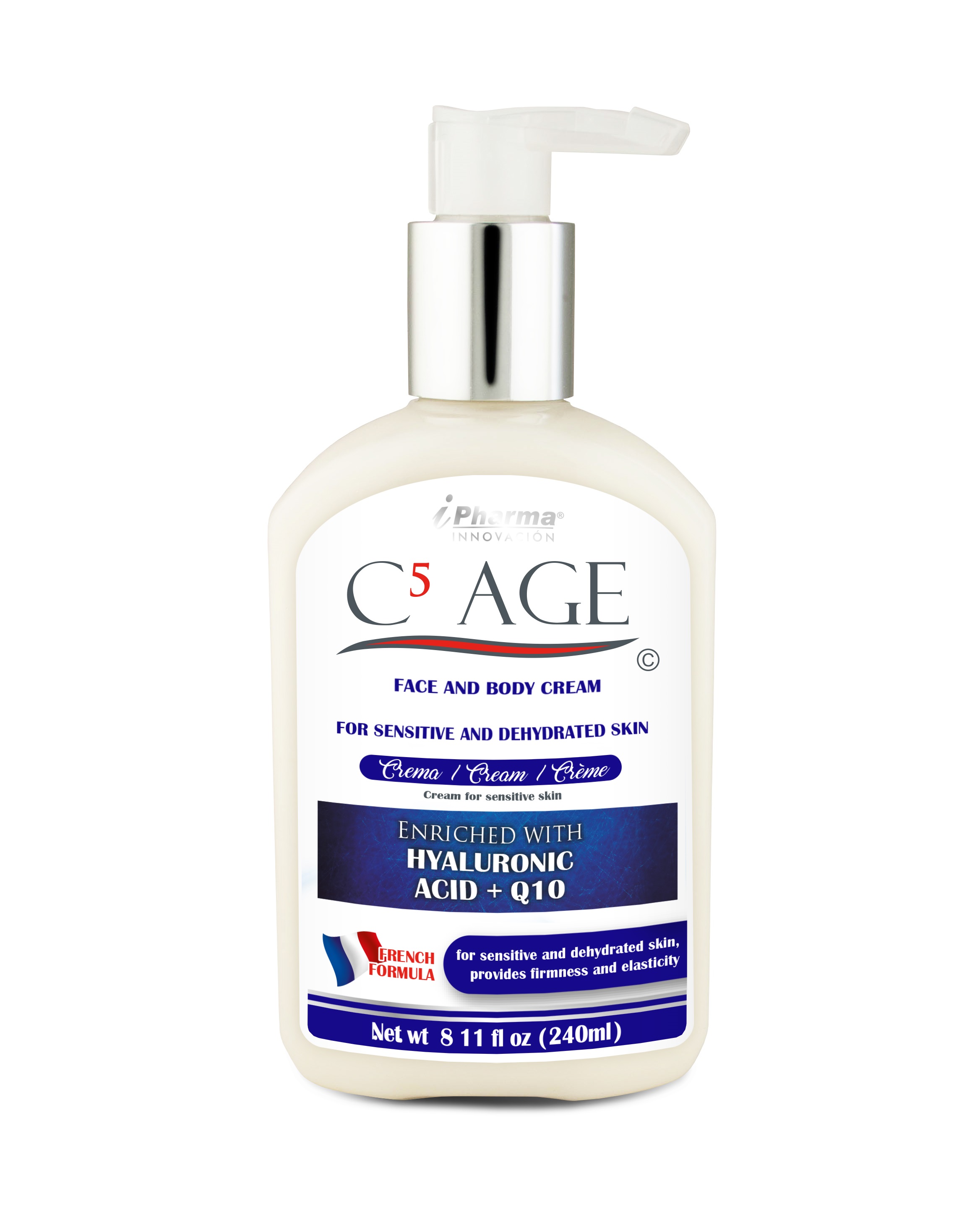 Crema con péptidos de Colágeno de tipo I, III, IIV, VII y XVII enriquecido con Ácido Hialurónico, Q10 colágeno C5 AGE  240 ml I Pharma  .