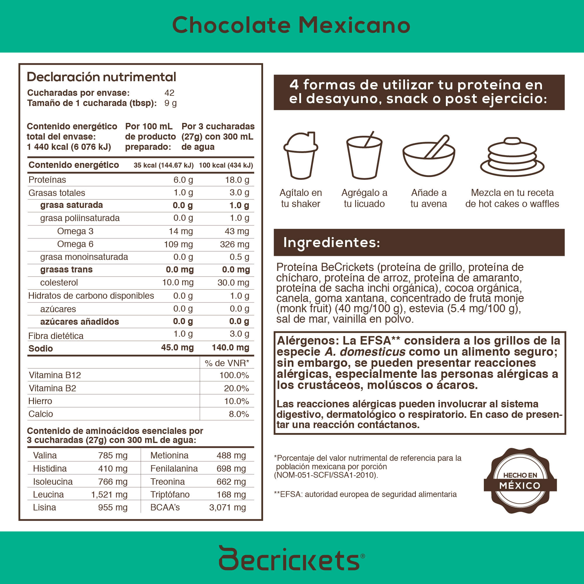 Becrickets Proteína de Grillo | Sabor Chocolate Oaxaqueño | 42 cucharadas | 378 g