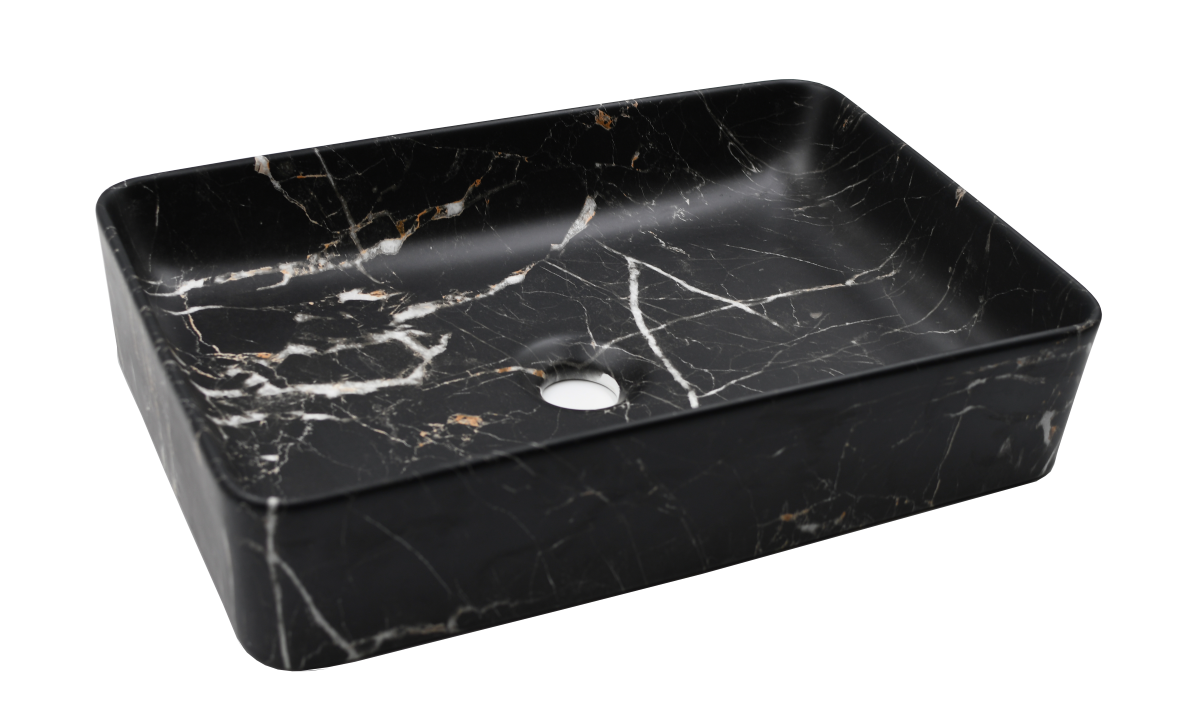 Lavabo Cerámico para Baño ANTI, forma rectangular acabado marmoleado mate en color negro. De sobreponer, con diseño europeo ideal para todo tipo de baños. Dimensiones 50.0 x 35.5 x 11.0 cms. (base x altura x profundidad)