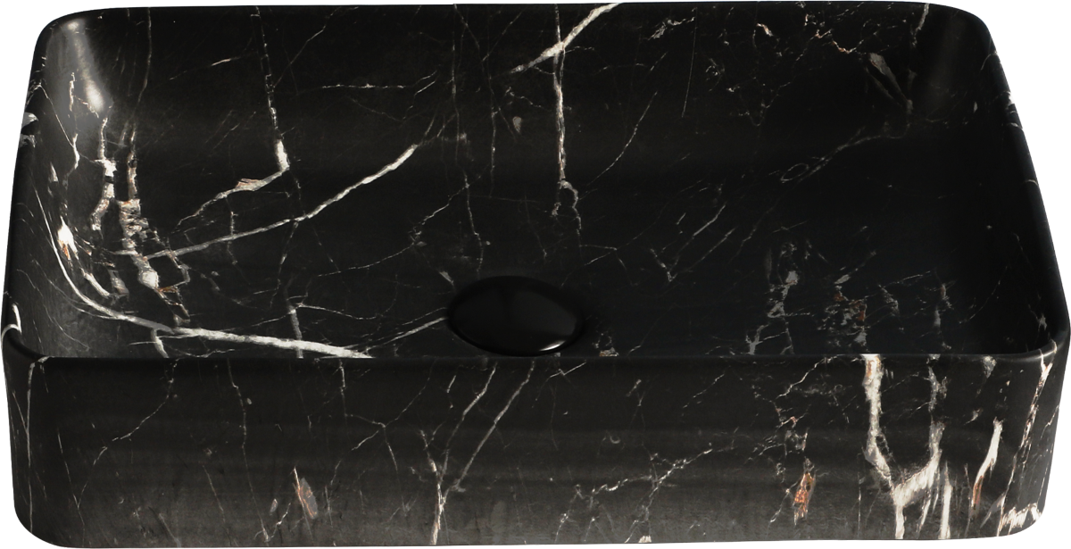 Lavabo Cerámico para Baño ANTI, forma rectangular acabado marmoleado mate en color negro. De sobreponer, con diseño europeo ideal para todo tipo de baños. Dimensiones 50.0 x 35.5 x 11.0 cms. (base x altura x profundidad)