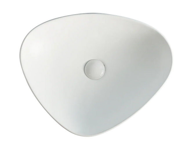 Lavabo Cerámico para Baño ARU, acabado blanco mate. De sobreponer, con diseño europeo ideal para todo tipo de baños. Dimensiones 50.0 x 40.5 x 12.0 cms. (base x altura x profundidad)
