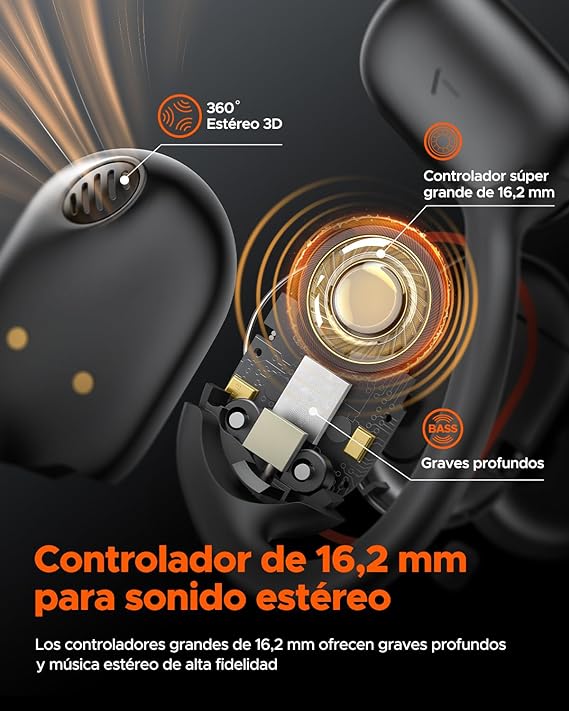 TRUEFREE Open-Ear Audífonos Bluetooth 5.3, Audífonos Inalámbricos Deportivos,Cancelación de ruido ENC, Sonido Estéreo 3D por Controlador de 16,2 mm, 45 horas de reproducción, llamadas claras de 4 mics.