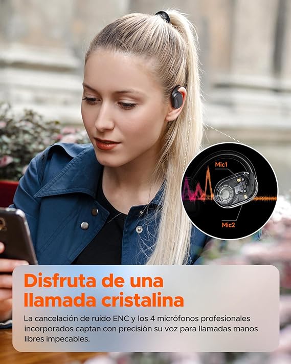 TRUEFREE Open-Ear Audífonos Bluetooth 5.3, Audífonos Inalámbricos Deportivos,Cancelación de ruido ENC, Sonido Estéreo 3D por Controlador de 16,2 mm, 45 horas de reproducción, llamadas claras de 4 mics.