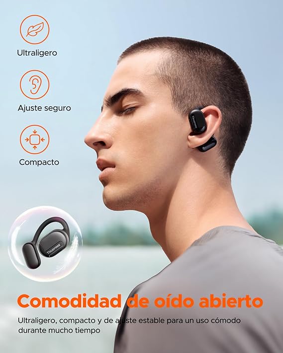 TRUEFREE Open-Ear Audífonos Bluetooth 5.3, Audífonos Inalámbricos Deportivos,Cancelación de ruido ENC, Sonido Estéreo 3D por Controlador de 16,2 mm, 45 horas de reproducción, llamadas claras de 4 mics.