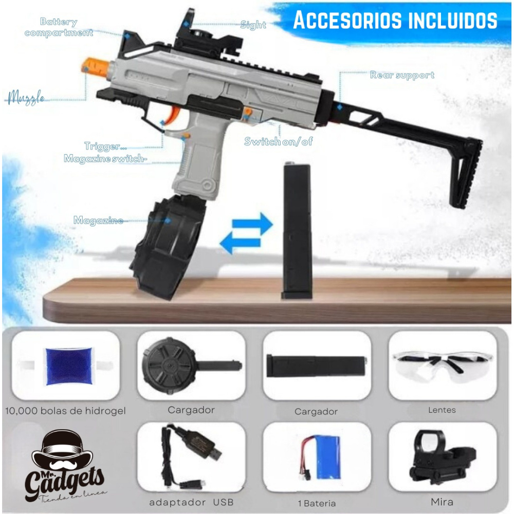 Uzi Pro Hidrogel Cargador Eléctrico Blaster,Gel Blaster,  Disparo de Proyectiles de Hidrogel, Batería Recargable.