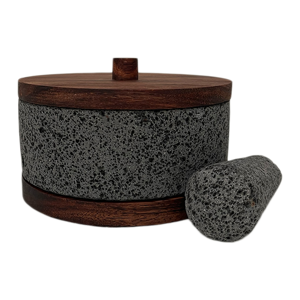 Molcajete Calli de Piedra Volcánica con Base Y Tapa de Parota 20cms