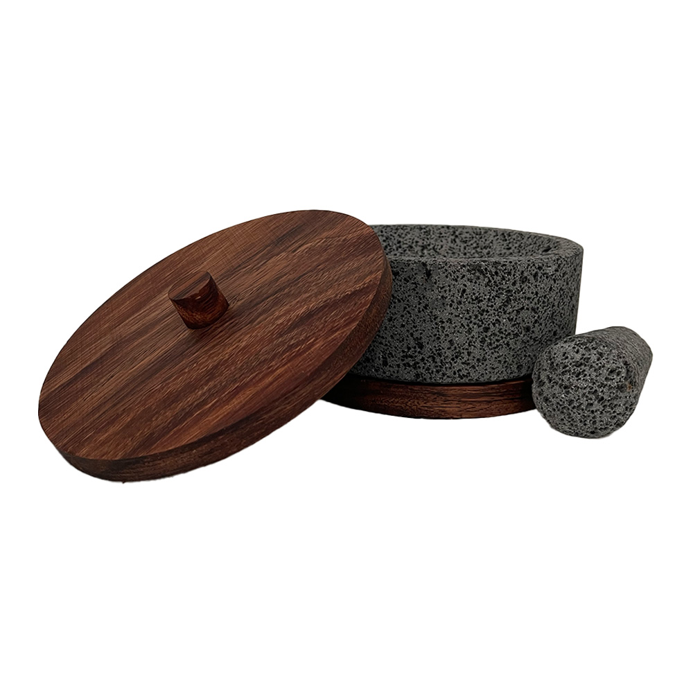 Molcajete Calli de Piedra Volcánica con Base Y Tapa de Parota 20cms