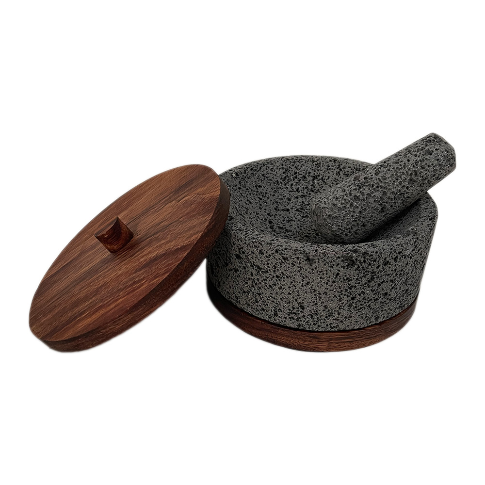 Molcajete Calli de Piedra Volcánica con Base Y Tapa de Parota 20cms