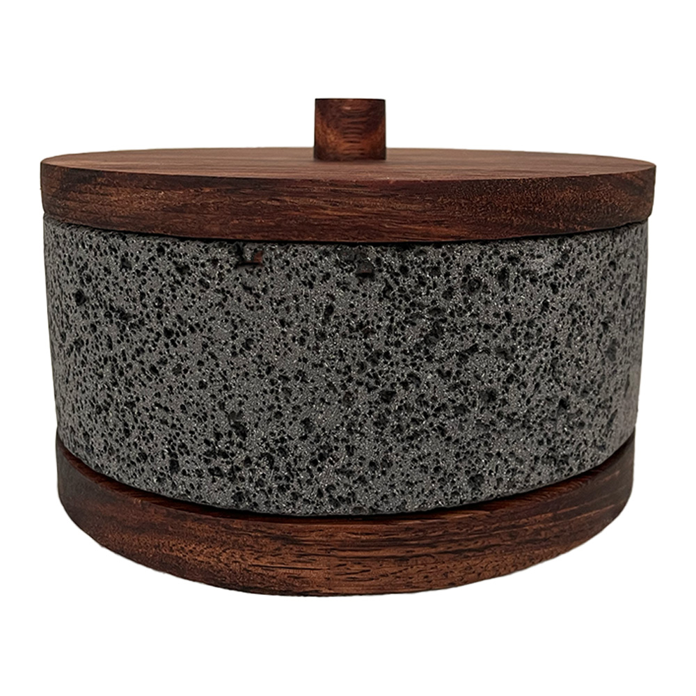 Molcajete Calli de Piedra Volcánica con Base Y Tapa de Parota 20cms