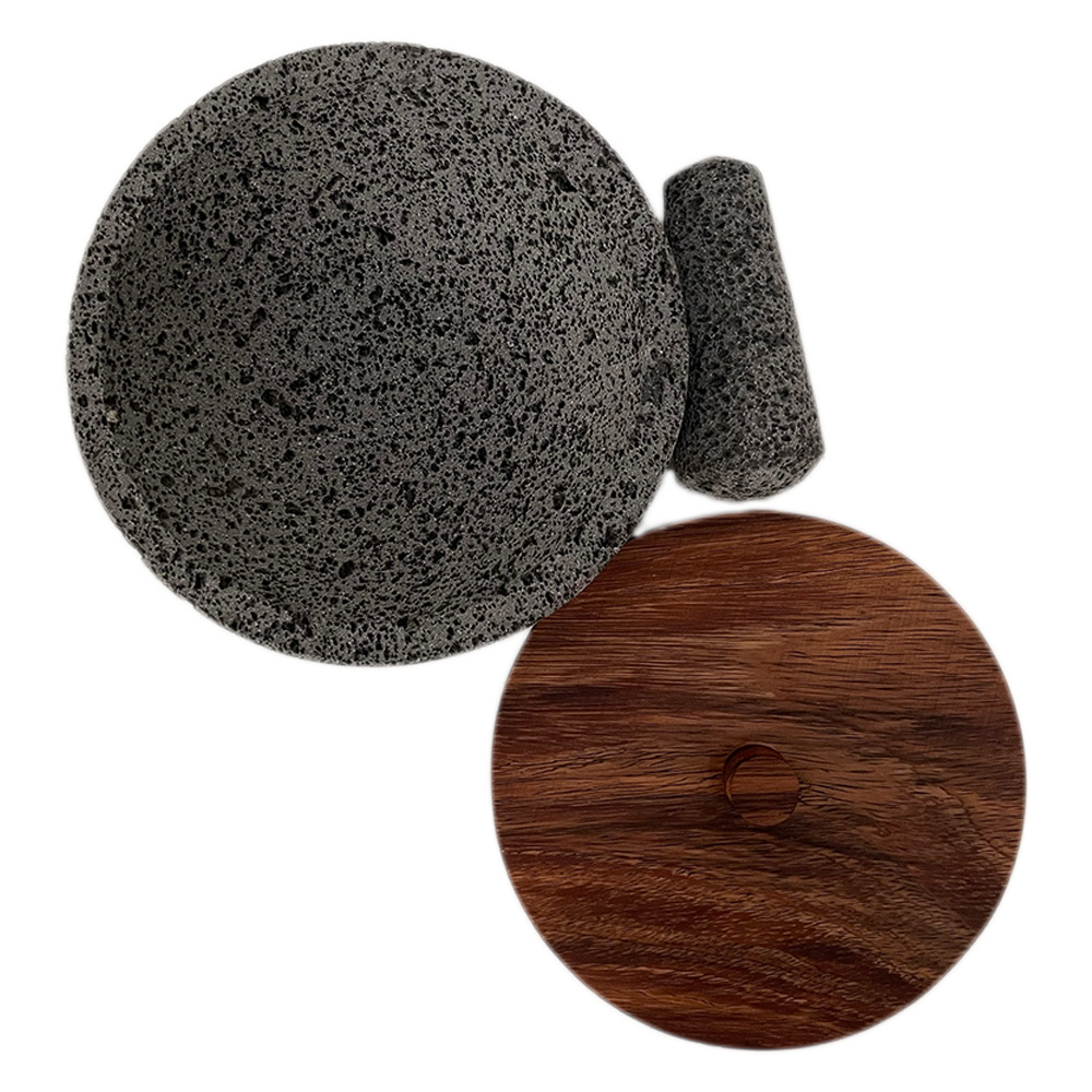 Molcajete Calli de Piedra Volcánica con Base Y Tapa de Parota 20cms